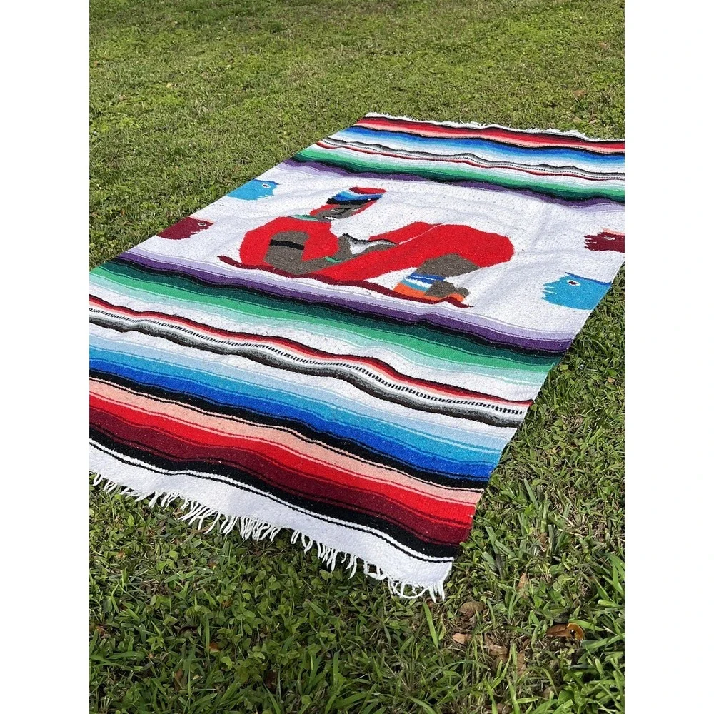 Vintage Wool Multicolor‎ Aztec Striped Throw Blanket 77